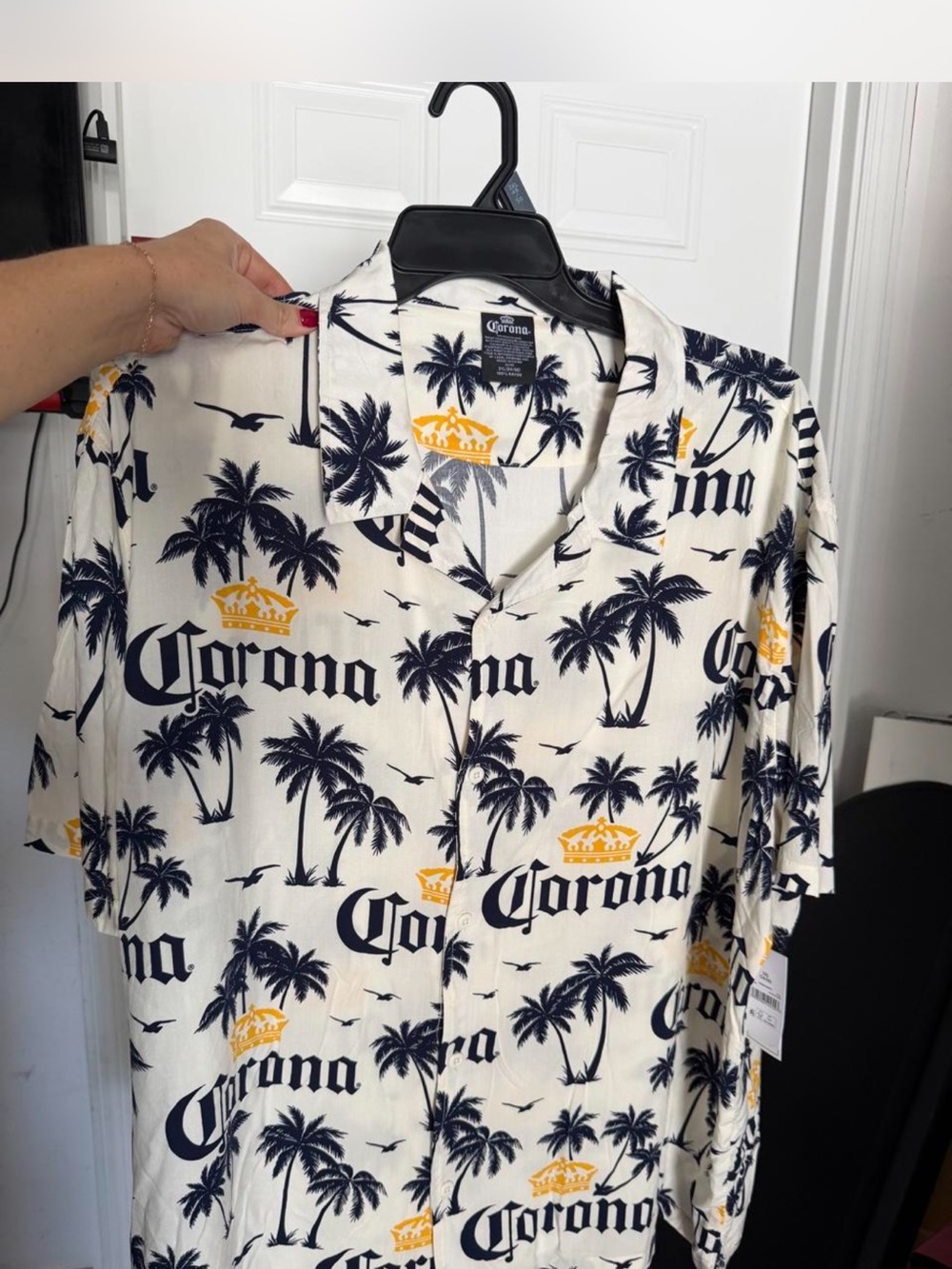 Corona White Short Sleeve Button-Up Shirt with Black Palm Print and Gold Logos
